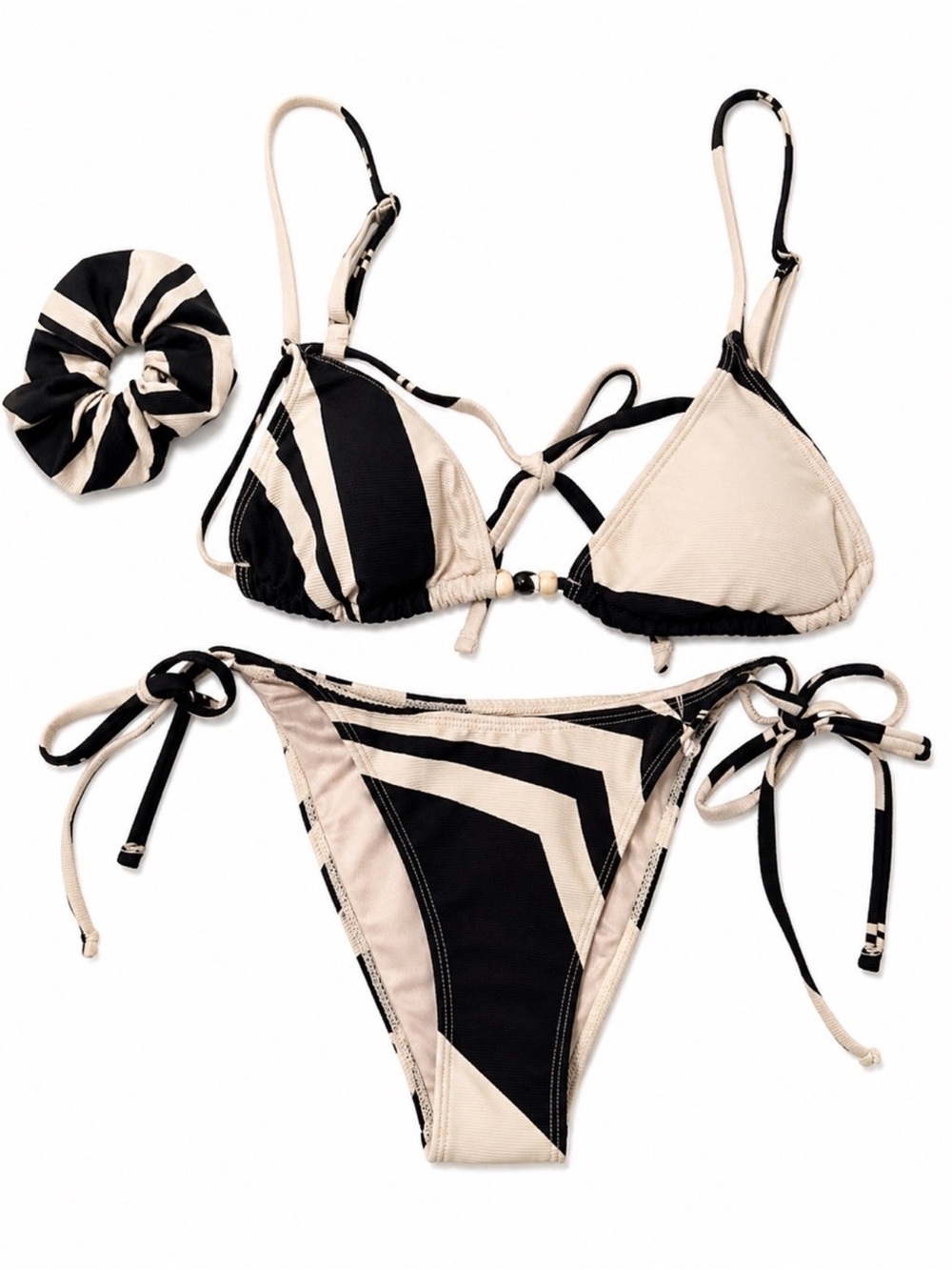 Wilo The Label Triangle Bikini Set with Scrunchie Black Cream XS NWT